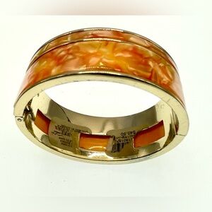 Vintage Amber Lucite Hinged Bangle Bracelet Gold Tone Wide Cuff Retro